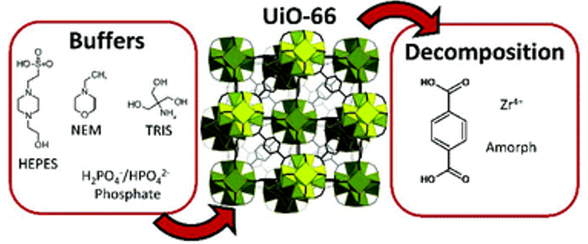Metal–organic frameworks vs. buffers: case study of UiO-66 stability.