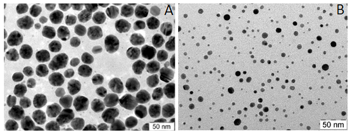 Nanočástice stříbra (A, 35 nm; B, 5 nm) z pohledu transmisní elektronové mikroskopie.